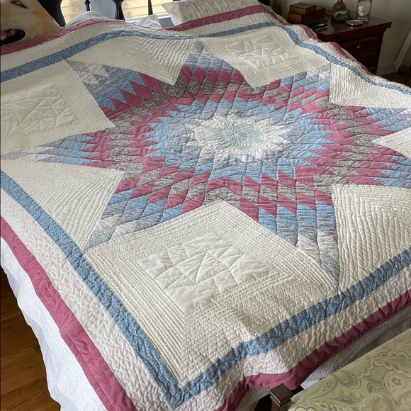 Handmade Quilt Full/Double Star Pattern Blue/Cream/Mauve ~82” square lightweight - Picture 3 of 16
